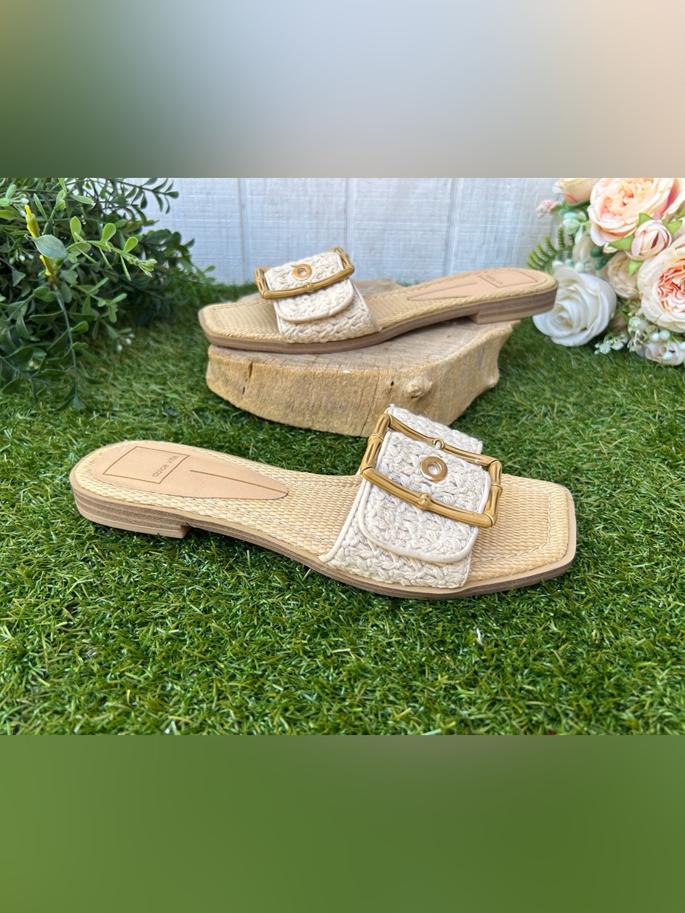 Dolce vita Woven decorative bamboo Buckle Slide Sandals in Cream size 7 new - Picture 2 of 11